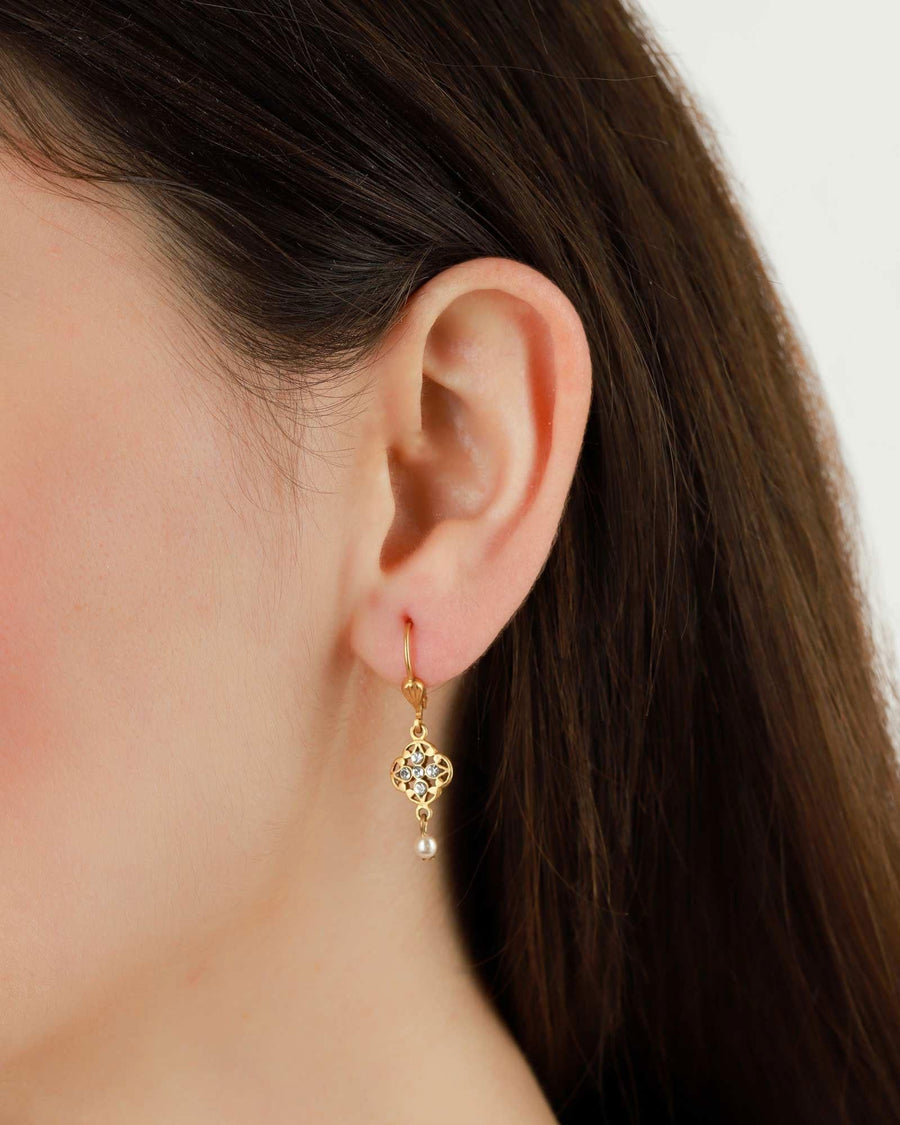 La Vie Parisienne-Filigree Pearl Drop Hooks-Earrings-14k Gold Plated, White Crystal, White Pearl-Blue Ruby Jewellery-Vancouver Canada