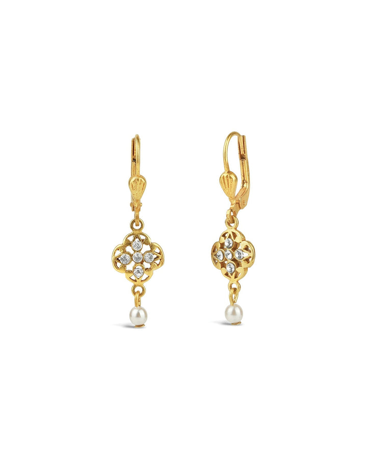 La Vie Parisienne-Filigree Pearl Drop Hooks-Earrings-14k Gold Plated, White Crystal, White Pearl-Blue Ruby Jewellery-Vancouver Canada