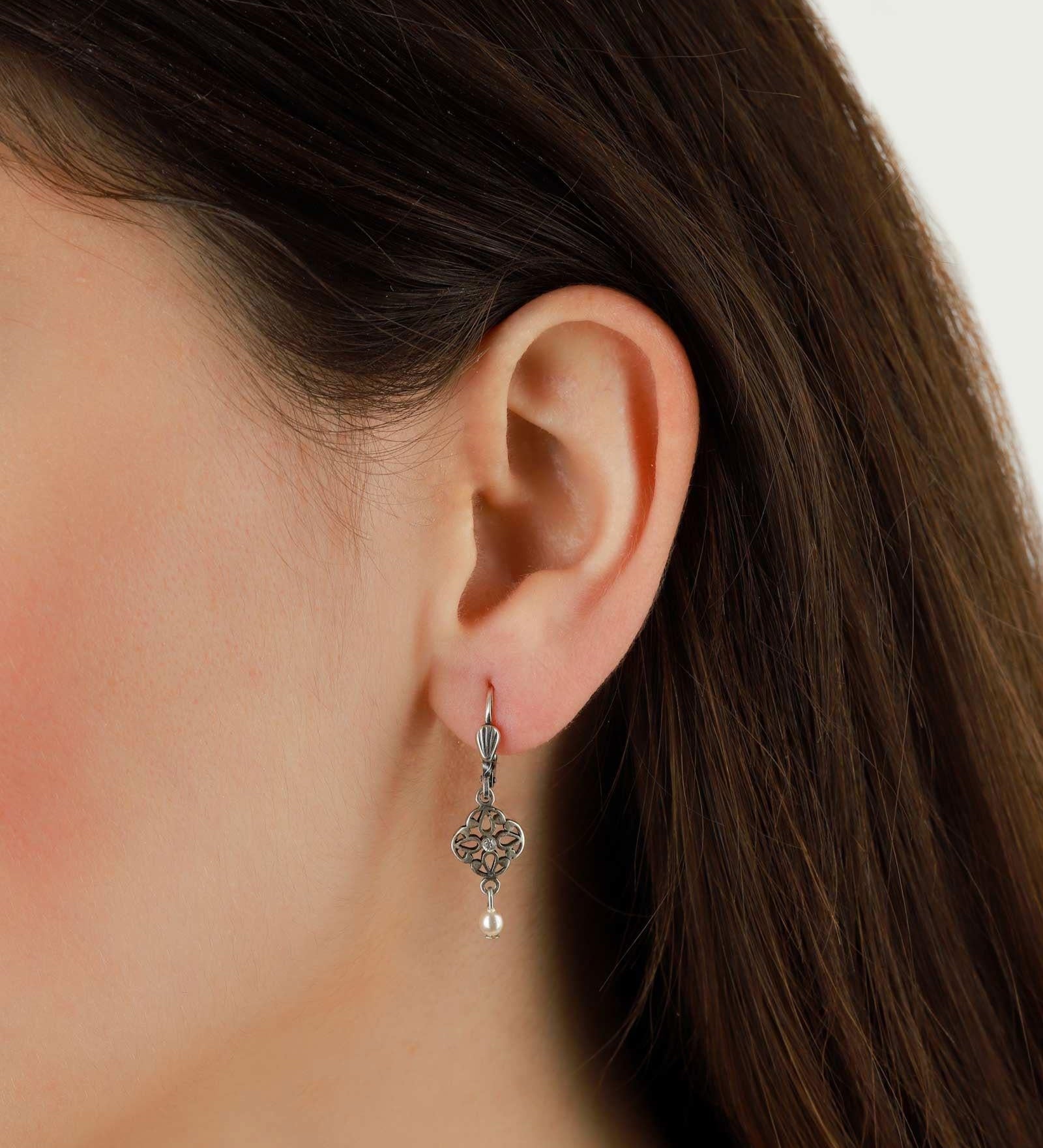 La Vie Parisienne-Filigree Pearl Drop Hooks-Earrings-Sterling Silver Plated, White Crystal, White Pearl-Blue Ruby Jewellery-Vancouver Canada