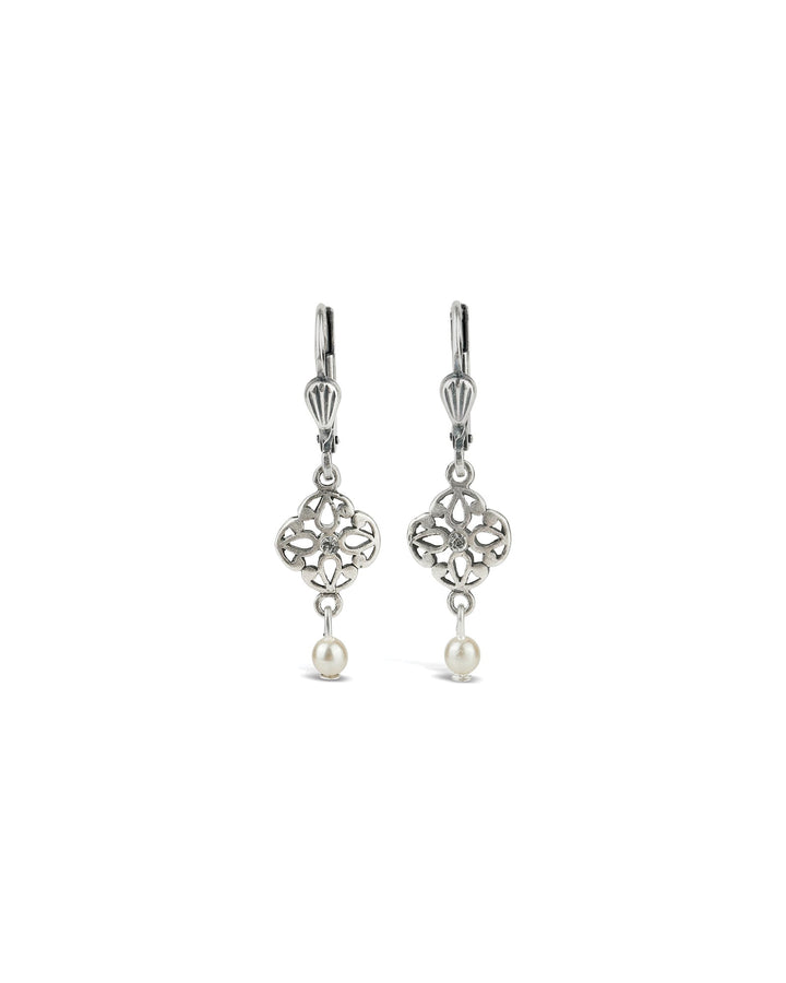 La Vie Parisienne-Filigree Pearl Drop Hooks-Earrings-Sterling Silver Plated, White Crystal, White Pearl-Blue Ruby Jewellery-Vancouver Canada