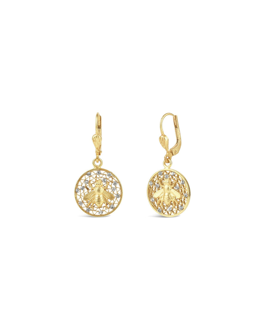 La Vie Parisienne-Filigree Round Bee Hooks-Earrings-14k Gold Plated, Black Diamond Crystal-Blue Ruby Jewellery-Vancouver Canada