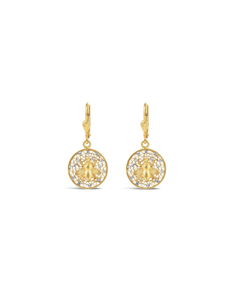 La Vie Parisienne-Filigree Round Bee Hooks-Earrings-14k Gold Plated, Black Diamond Crystal-Blue Ruby Jewellery-Vancouver Canada