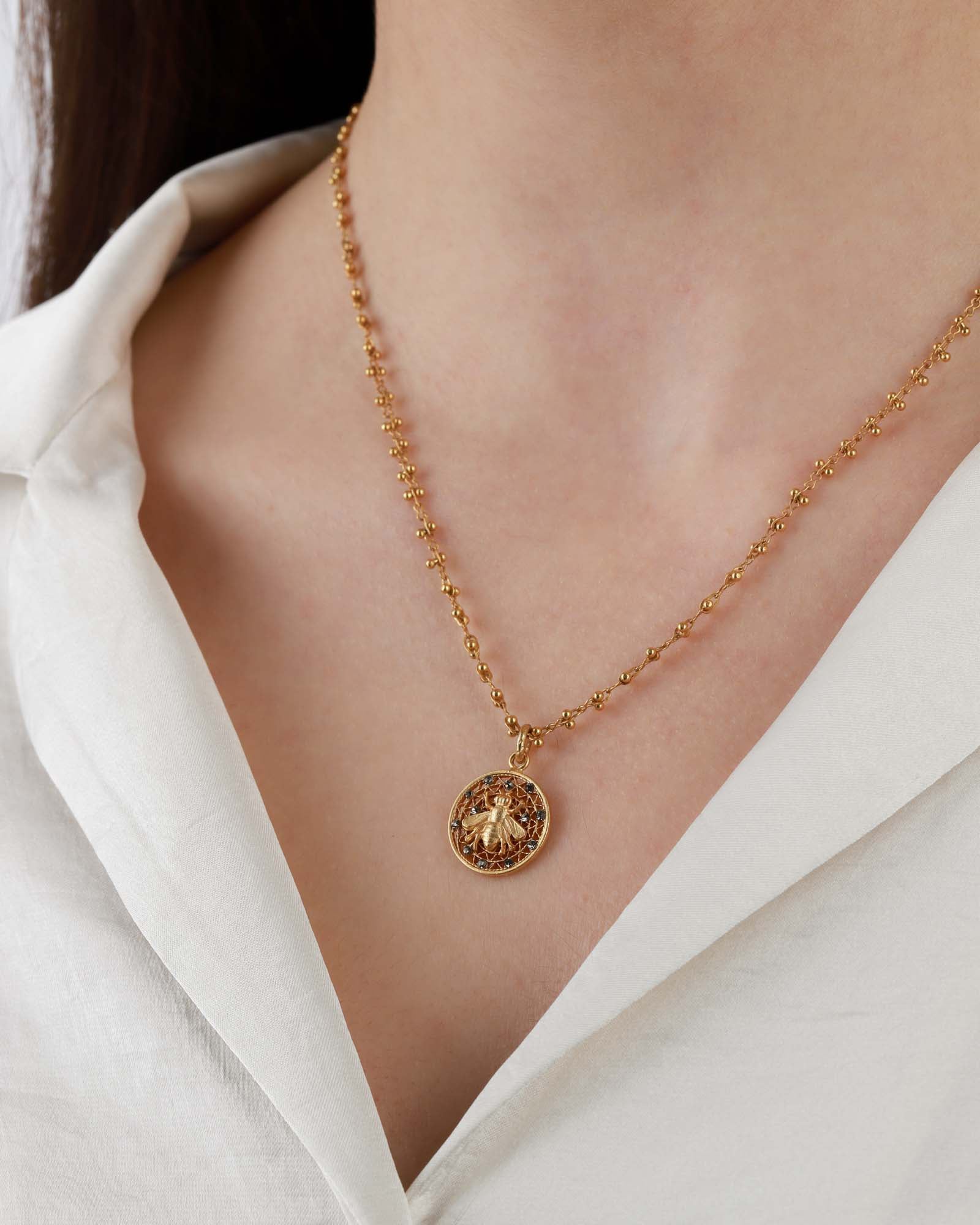 La Vie Parisienne-Filigree Round Bee Necklace-Necklaces-14k Gold Plated, Black Diamond Crystal-Blue Ruby Jewellery-Vancouver Canada