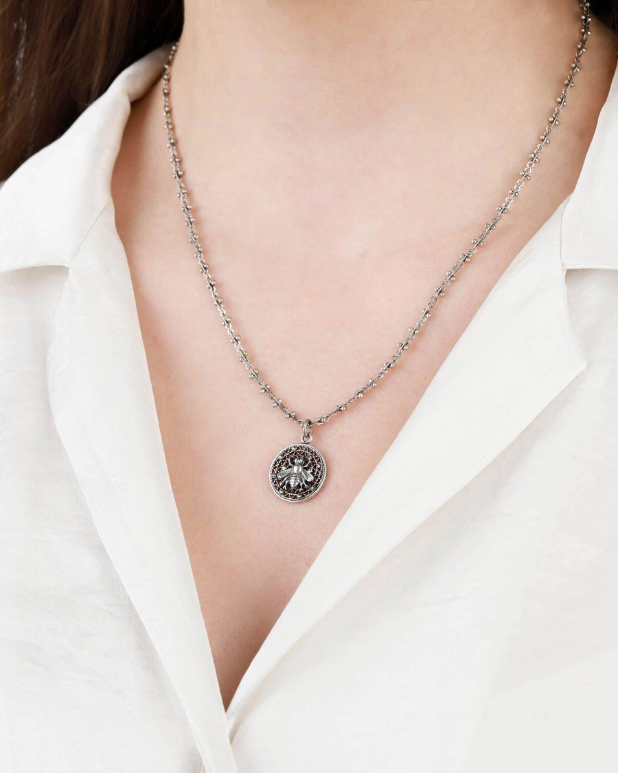La Vie Parisienne-Filigree Round Bee Necklace-Necklaces-Sterling Silver Plated, Black Diamond Crystal-Blue Ruby Jewellery-Vancouver Canada