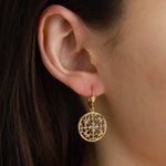 La Vie Parisienne-Filigree Round Hooks-Earrings-14k Gold Plated, White Crystal, Black Diamond Crystal-Blue Ruby Jewellery-Vancouver Canada