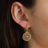 La Vie Parisienne-Filigree Round Hooks-Earrings-14k Gold Plated, White Crystal, Black Diamond Crystal-Blue Ruby Jewellery-Vancouver Canada