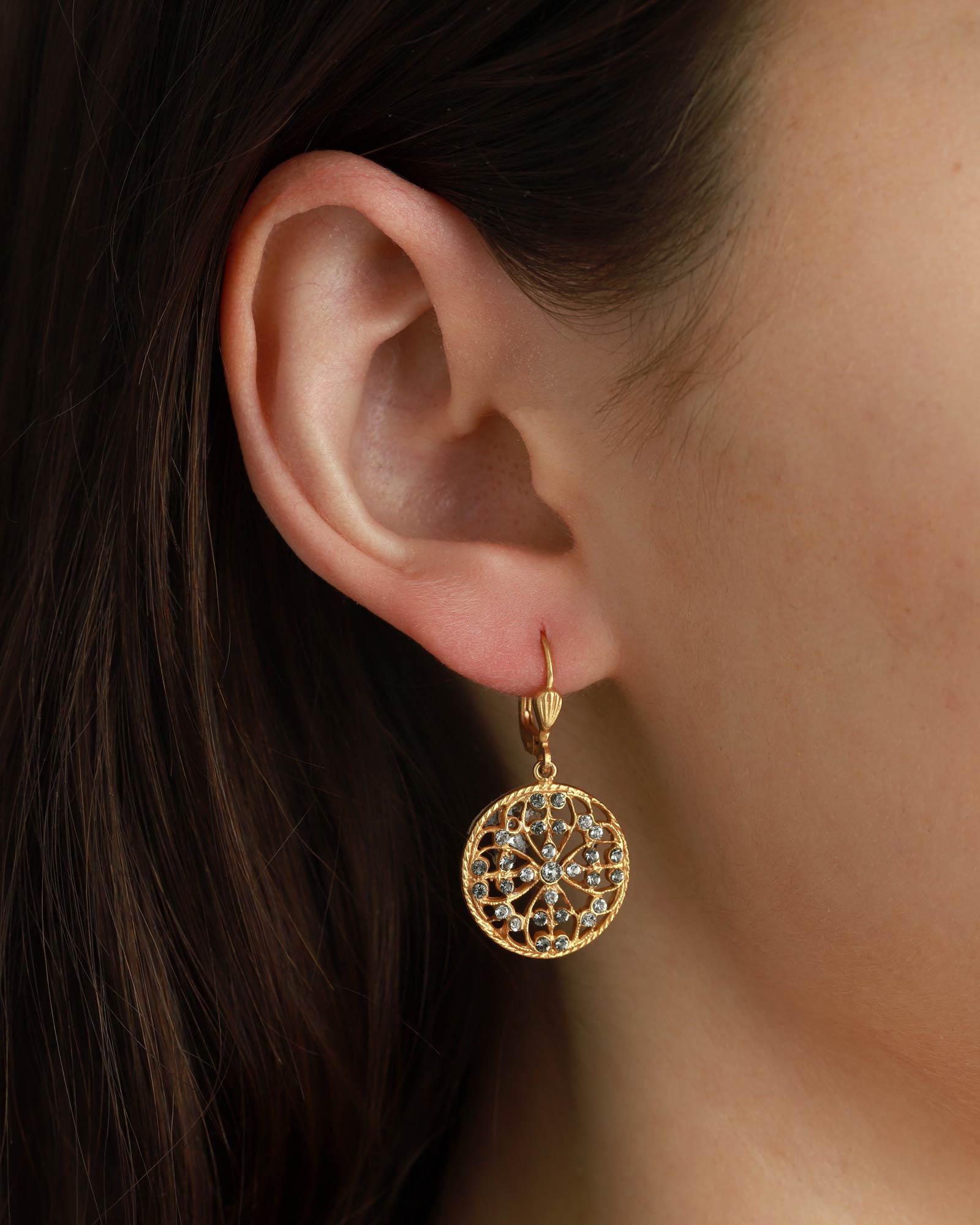 La Vie Parisienne-Filigree Round Hooks-Earrings-14k Gold Plated, White Crystal, Black Diamond Crystal-Blue Ruby Jewellery-Vancouver Canada
