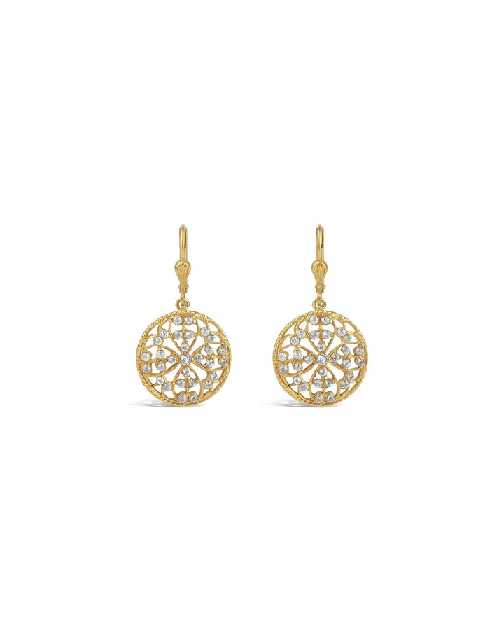 La Vie Parisienne-Filigree Round Hooks-Earrings-14k Gold Plated, White Crystal, Black Diamond Crystal-Blue Ruby Jewellery-Vancouver Canada