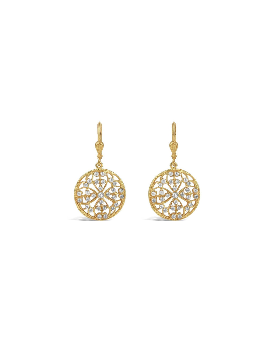 La Vie Parisienne-Filigree Round Hooks-Earrings-14k Gold Plated, White Crystal, Black Diamond Crystal-Blue Ruby Jewellery-Vancouver Canada