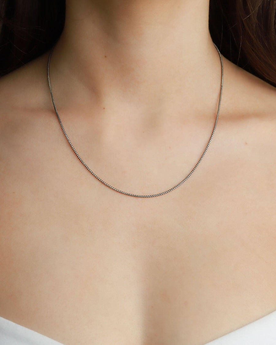 Pyrrha-Fine Round Box Chain-Necklaces-Oxidized Sterling Silver-Blue Ruby Jewellery-Vancouver Canada