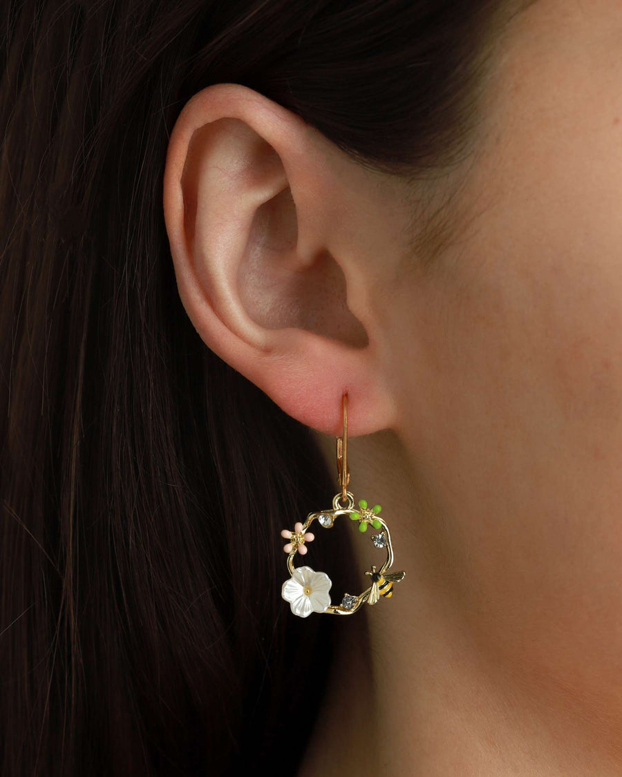 La Vie Parisienne-Flower Bee Wreath Hooks-Earrings-14k Gold Plated-Blue Ruby Jewellery-Vancouver Canada
