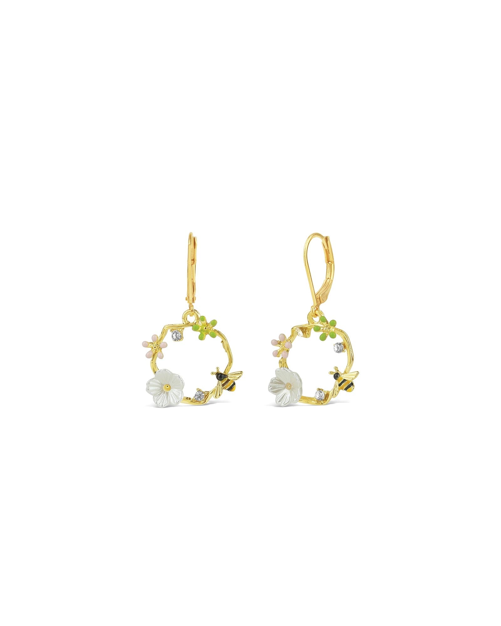 La Vie Parisienne-Flower Bee Wreath Hooks-Earrings-14k Gold Plated-Blue Ruby Jewellery-Vancouver Canada