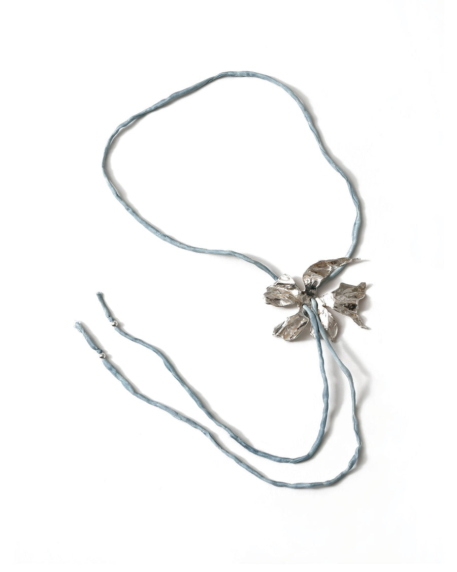 Wolf Circus-Flower Cord Bolo-Necklaces-Sterling Silver Plated, Silk Cord-Blue Ruby Jewellery-Vancouver Canada