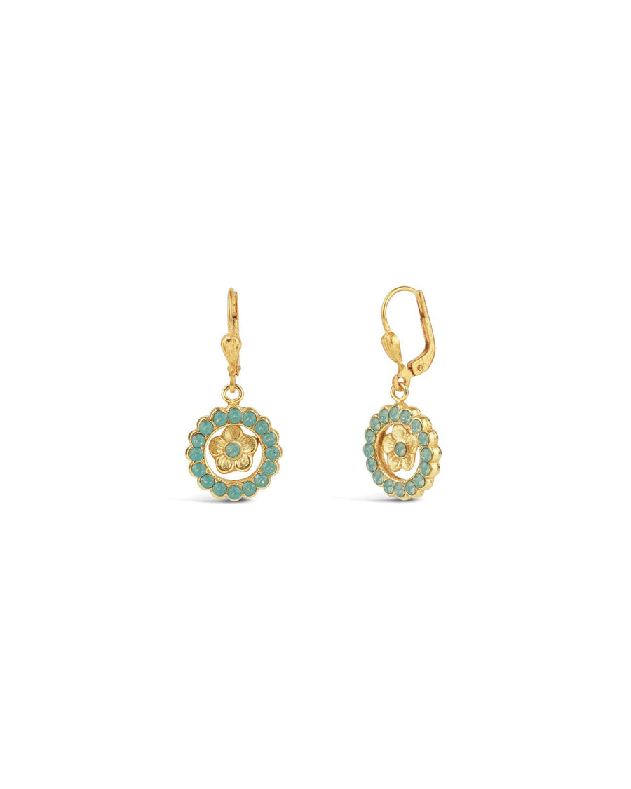 La Vie Parisienne-Flower Crystal Halo Hooks-Earrings-14K Gold Plated, Pacific Opal Crystal-Blue Ruby Jewellery-Vancouver Canada