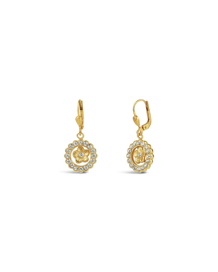 La Vie Parisienne-Flower Crystal Halo Hooks-Earrings-14K Gold Plated, White Crystal-Blue Ruby Jewellery-Vancouver Canada