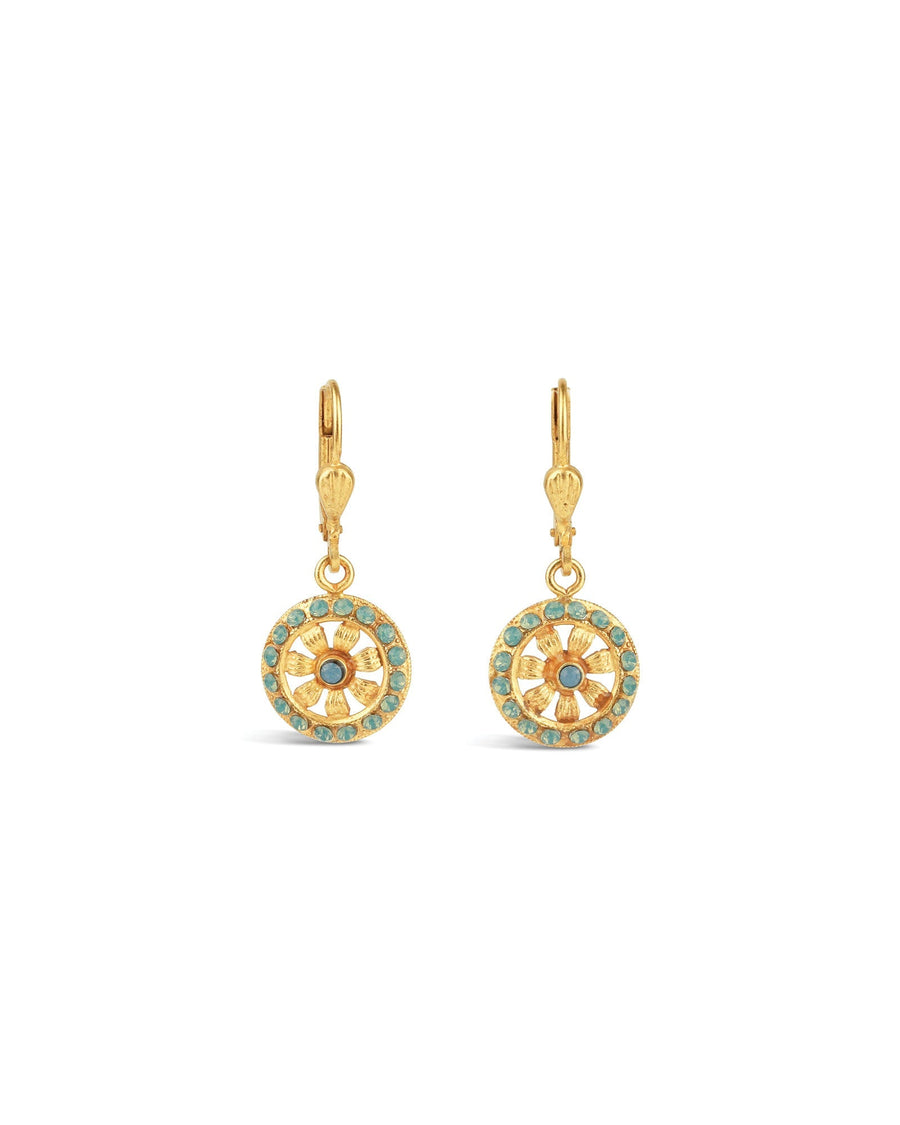 La Vie Parisienne-Flower Halo Crystal Hooks-Earrings-14k Gold Plated, Pacific Opal Crystal-Blue Ruby Jewellery-Vancouver Canada