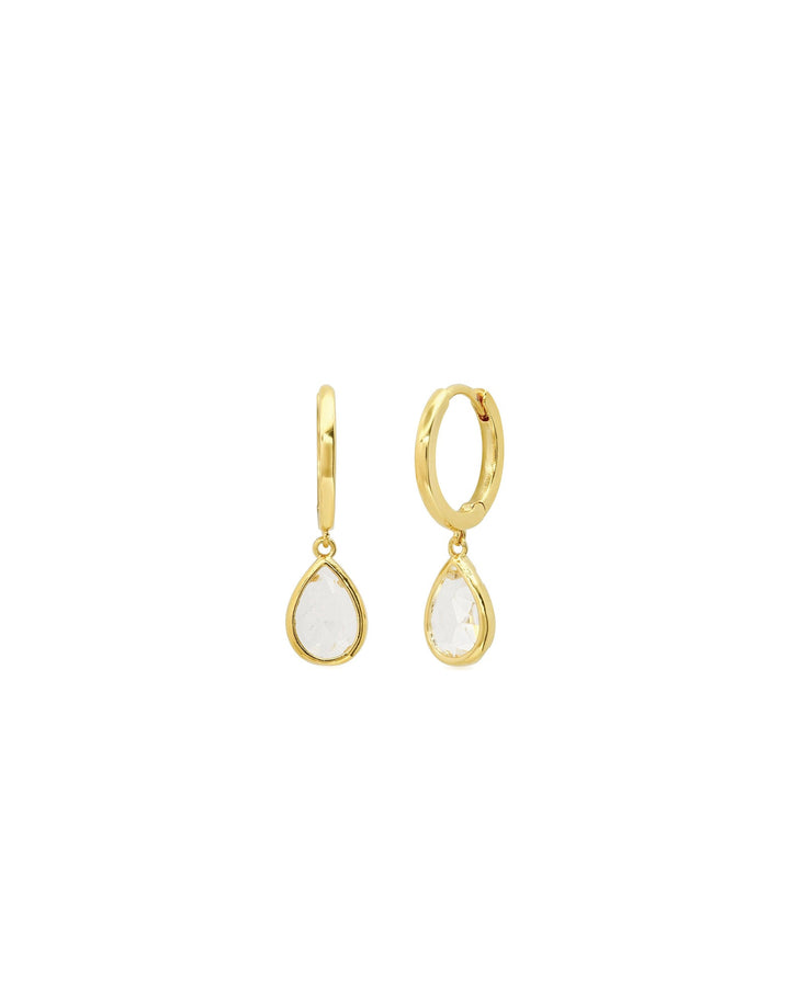 Tai-Glass Teardrop Charm Huggies-Earrings-Gold Plated, Clear Glass-Blue Ruby Jewellery-Vancouver Canada