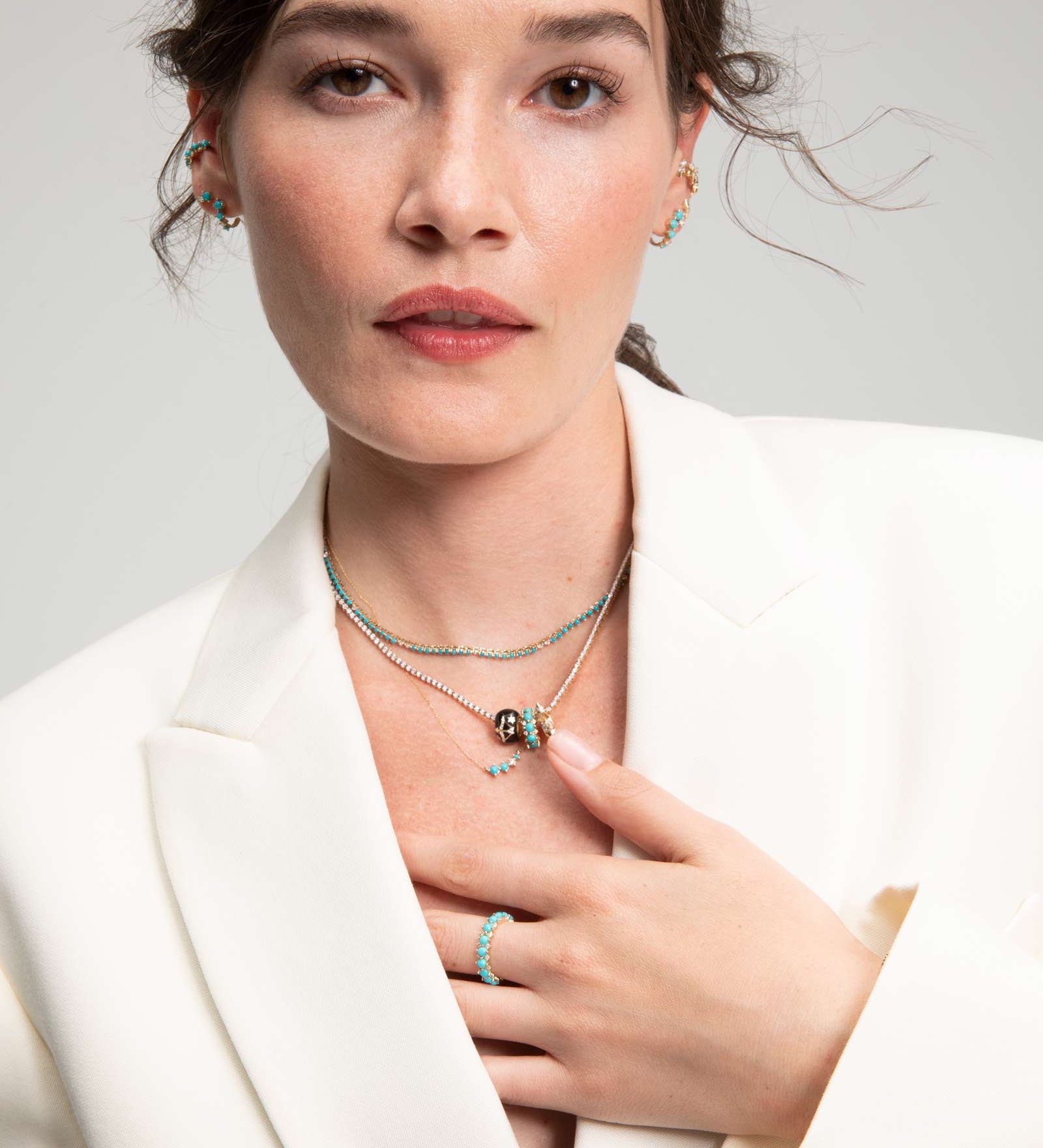 Adina Reyter-Graduated Turquoise + Diamond Curve Necklace-Necklaces-14k Yellow Gold, Diamond-Blue Ruby Jewellery-Vancouver Canada