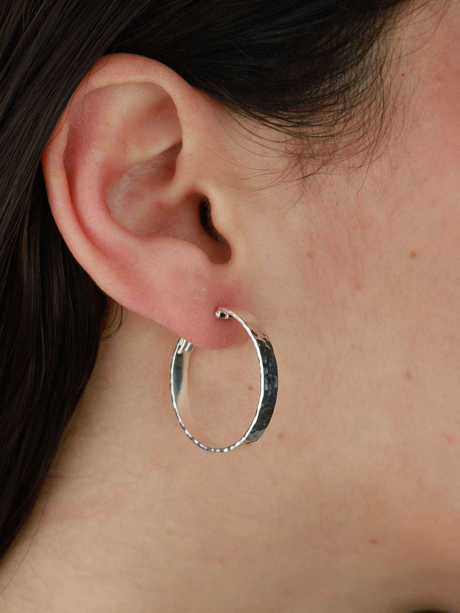 Tashi-Hammered Hoops I 25mm-Earrings-Hammered Sterling Silver-Blue Ruby Jewellery-Vancouver Canada