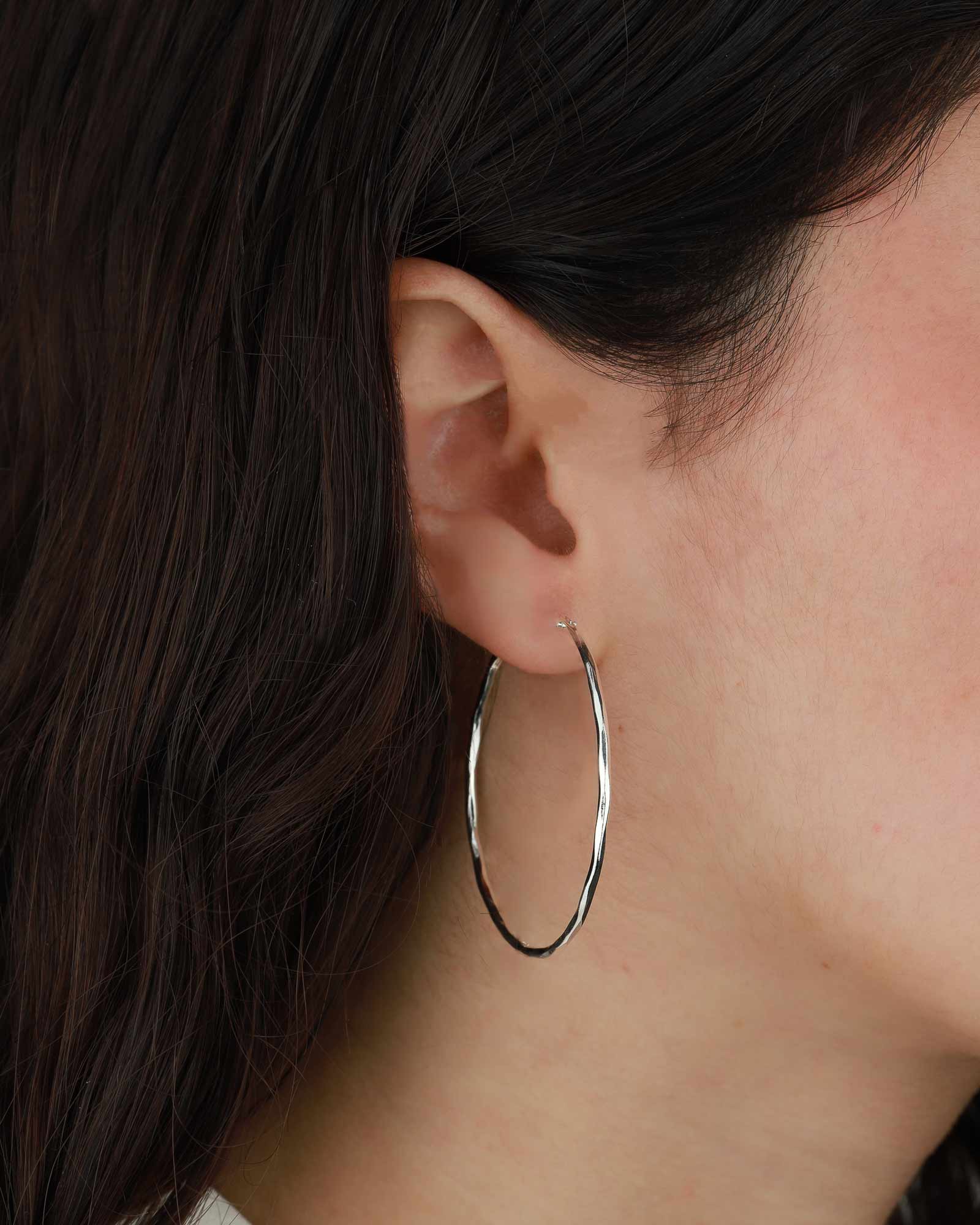 Tashi-Hammered Hoops I 45mm-Earrings-Hammered Sterling Silver-Blue Ruby Jewellery-Vancouver Canada