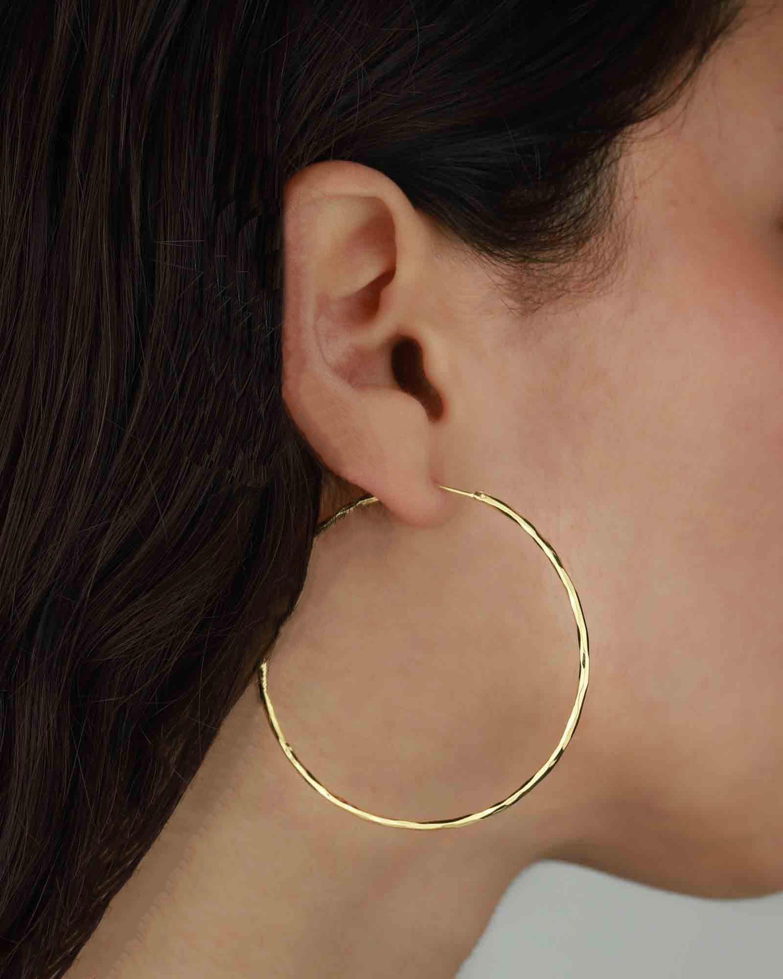 Tashi-Hammered Hoops I 55mm-Earrings-Hammered 14k Gold Vermeil-Blue Ruby Jewellery-Vancouver Canada