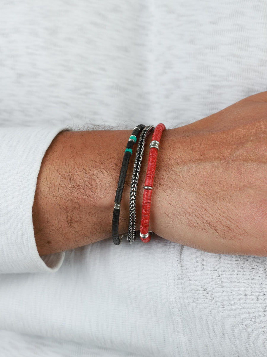 Finley & Wilder-Heishi Disc Bracelet I Red-Bracelets-Red Beads, Black Beads, White Beads, Sterling Silver-Blue Ruby Jewellery-Vancouver Canada