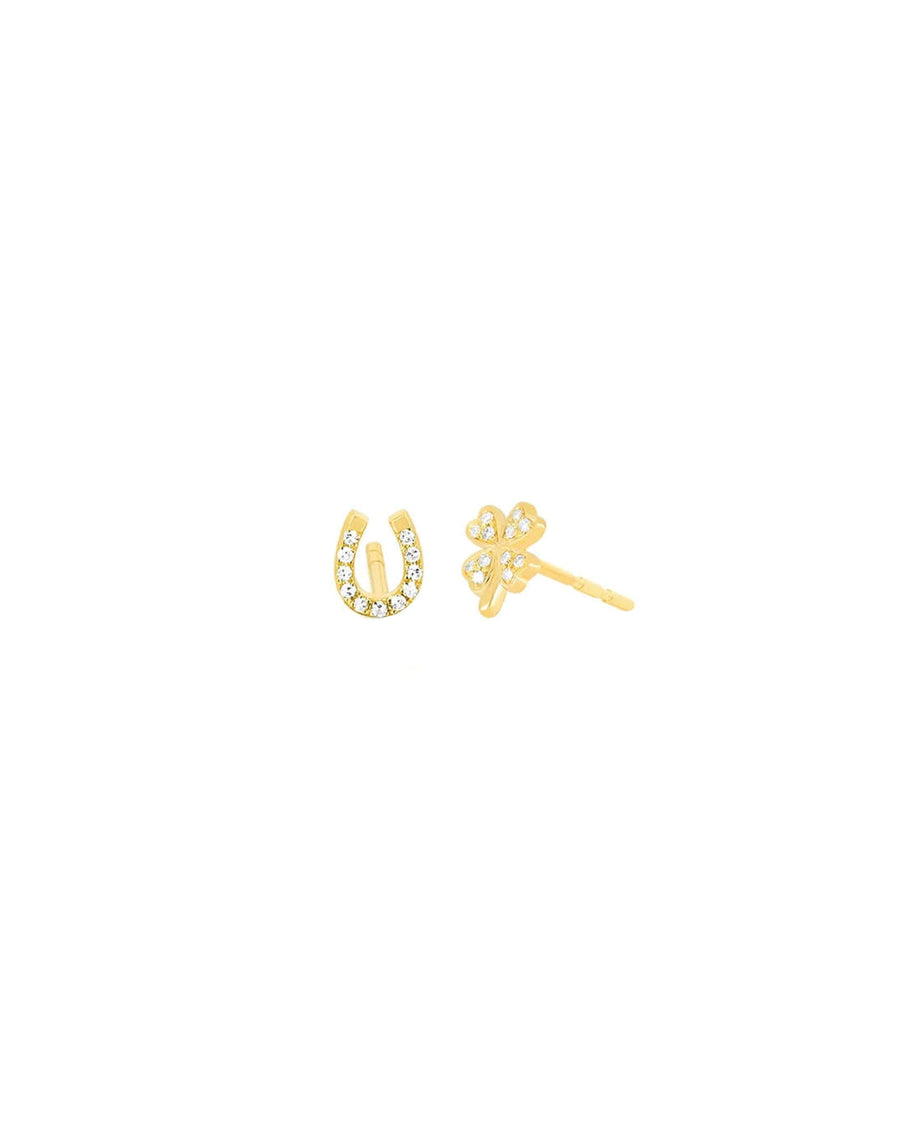 Quiet Icon-Horseshoe + Shamrock Studs-Earrings-14k Gold Vermeil, Cubic Zirconia-Blue Ruby Jewellery-Vancouver Canada