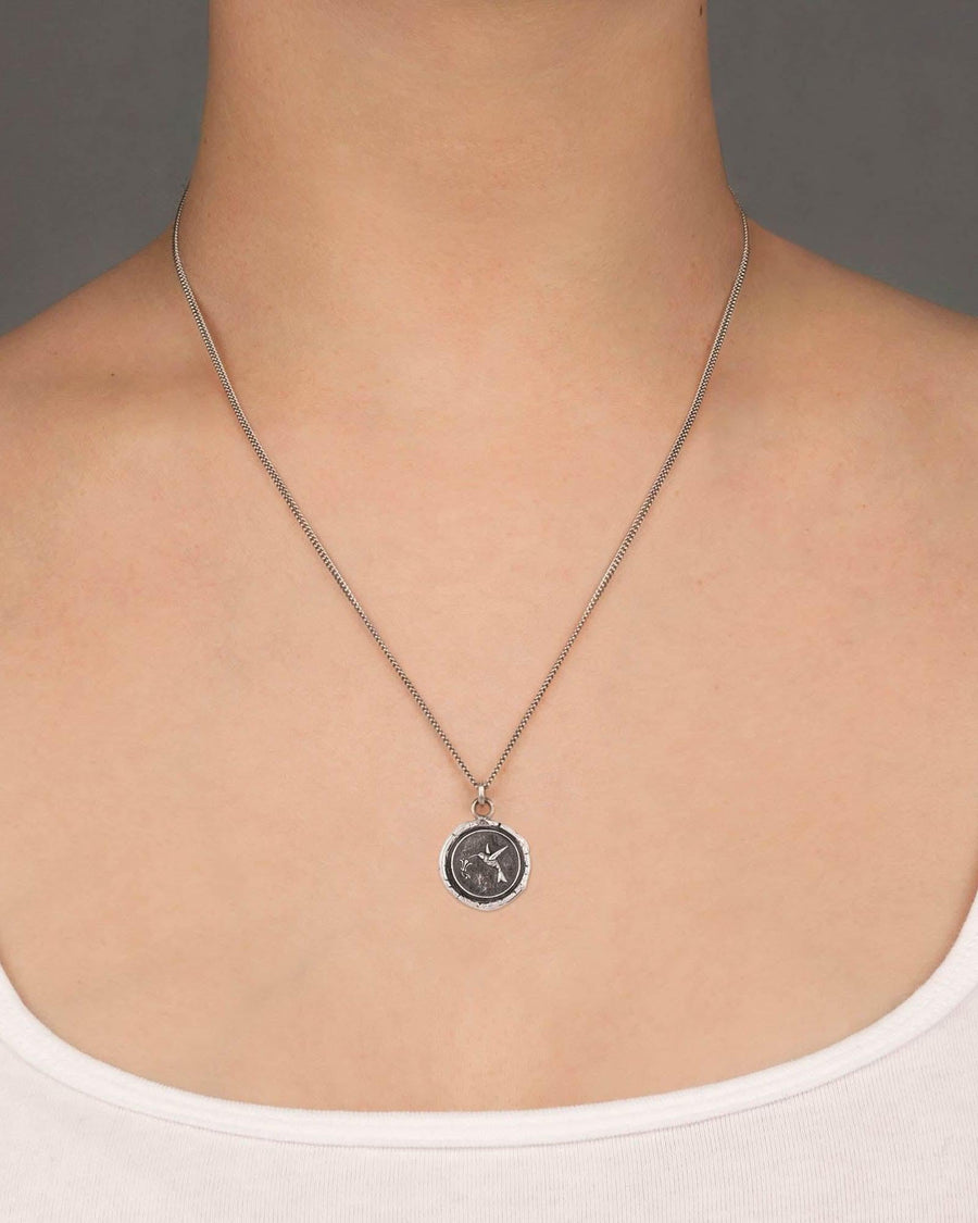 Pyrrha-Hummingbird Talisman-Necklaces-Oxidized Sterling Silver-Blue Ruby Jewellery-Vancouver Canada