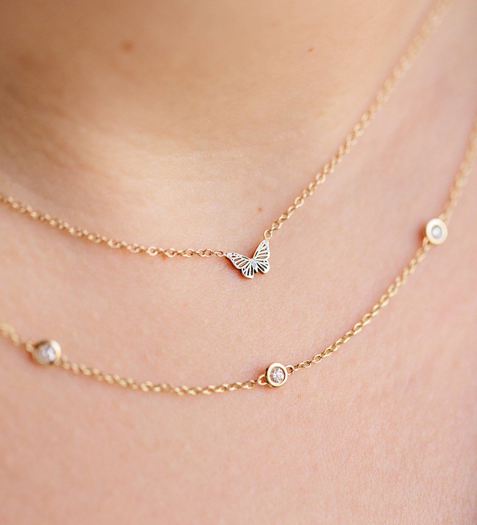 Zoe Chicco-Itty Bitty Butterfly with Floating Diamond Necklace-Necklaces-14k Yellow Gold, Diamond-Blue Ruby Jewellery-Vancouver Canada