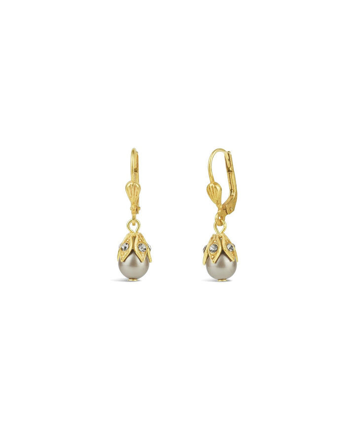 La Vie Parisienne-Leaf Cap Drop Hooks-Earrings-14k Gold Plated, Patina Pearl-Blue Ruby Jewellery-Vancouver Canada