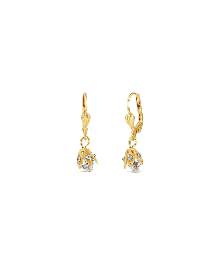 La Vie Parisienne-Leaf Cap Drop Hooks-Earrings-14k Gold Plated, White Crystal-Blue Ruby Jewellery-Vancouver Canada