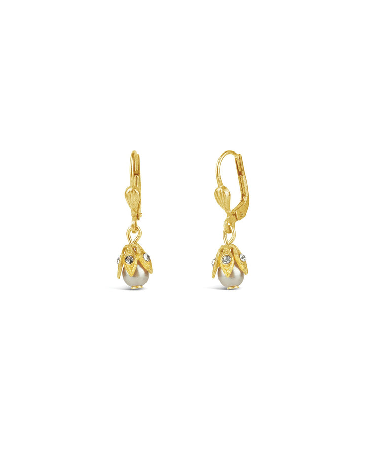 La Vie Parisienne-Leaf Cap Drop Hooks-Earrings-14k Gold Plated, White Pearl-Blue Ruby Jewellery-Vancouver Canada