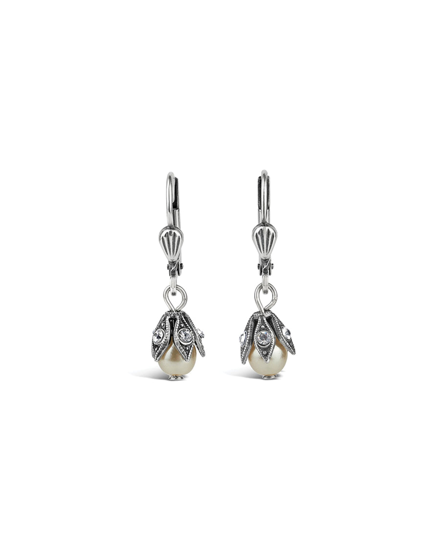 La Vie Parisienne-Leaf Cap Drop Hooks-Earrings-Sterling Silver Plated, White Pearl, Black Diamond Crystal-Blue Ruby Jewellery-Vancouver Canada