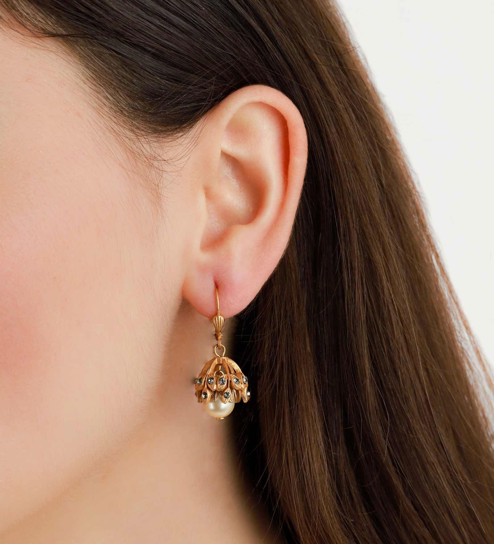 La Vie Parisienne-Leaf Cup Pearl Hooks-Earrings-14k Gold Plated, White Pearl, Black Diamond Crystal-Blue Ruby Jewellery-Vancouver Canada