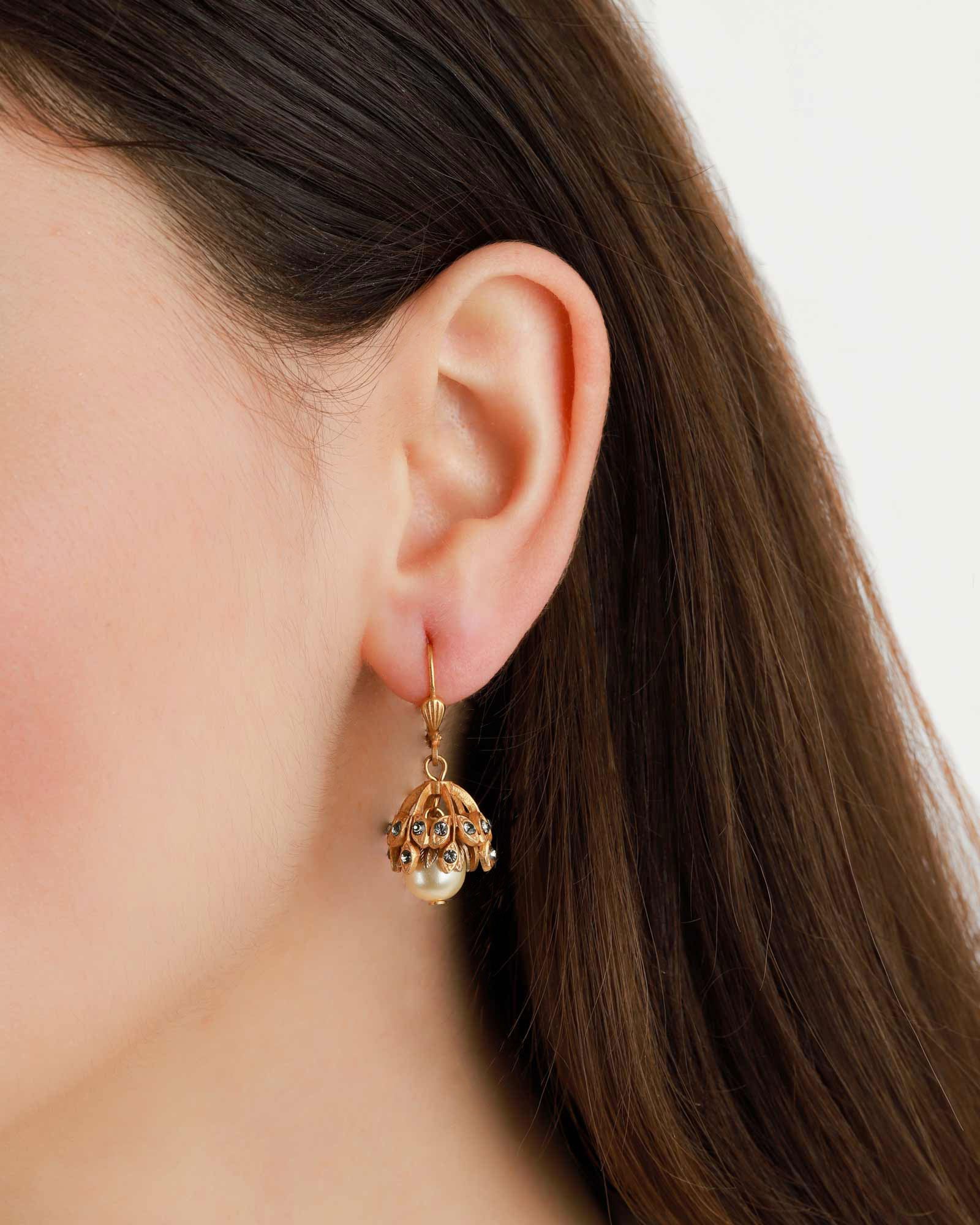 La Vie Parisienne-Leaf Cup Pearl Hooks-Earrings-14k Gold Plated, White Pearl, Black Diamond Crystal-Blue Ruby Jewellery-Vancouver Canada