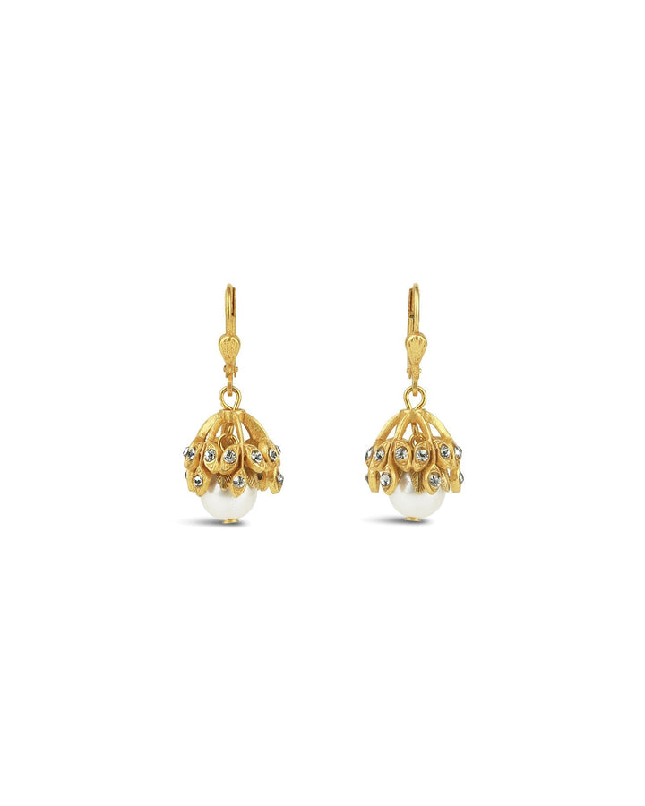 La Vie Parisienne-Leaf Cup Pearl Hooks-Earrings-14k Gold Plated, White Pearl, Black Diamond Crystal-Blue Ruby Jewellery-Vancouver Canada
