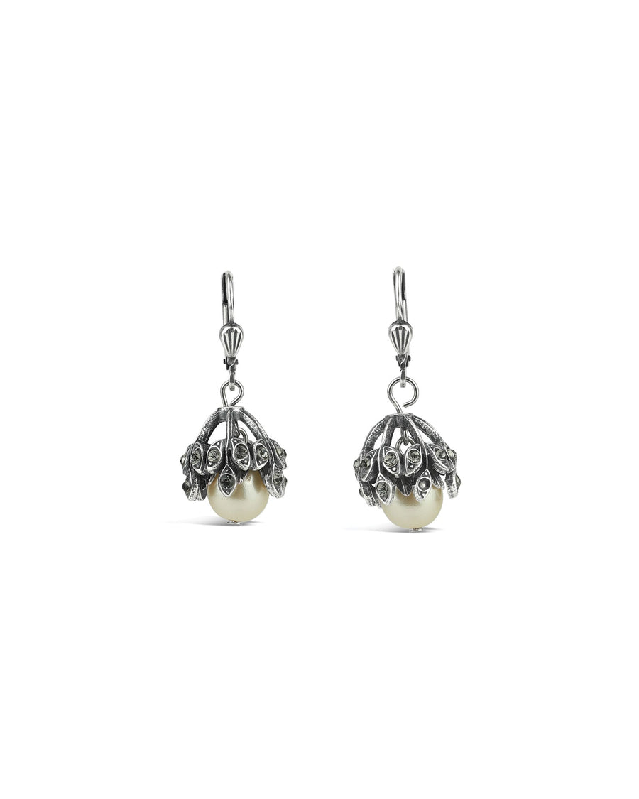 La Vie Parisienne-Leaf Cup Pearl Hooks-Earrings-Sterling Silver Plated, White Pearl, Black Diamond Crystal-Blue Ruby Jewellery-Vancouver Canada