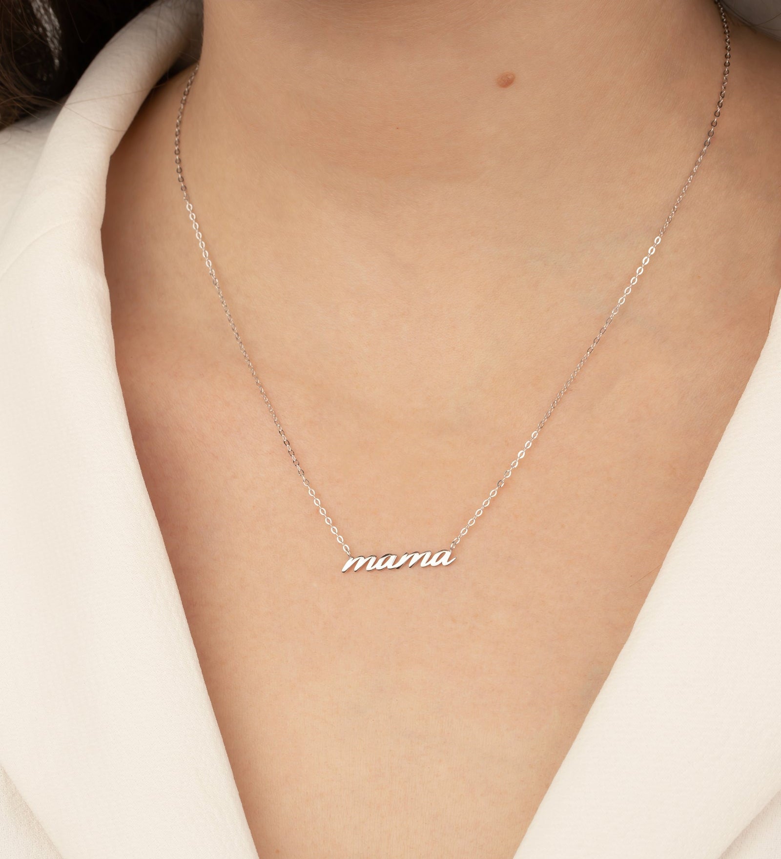 Mama Cursive Necklace 10k White Gold