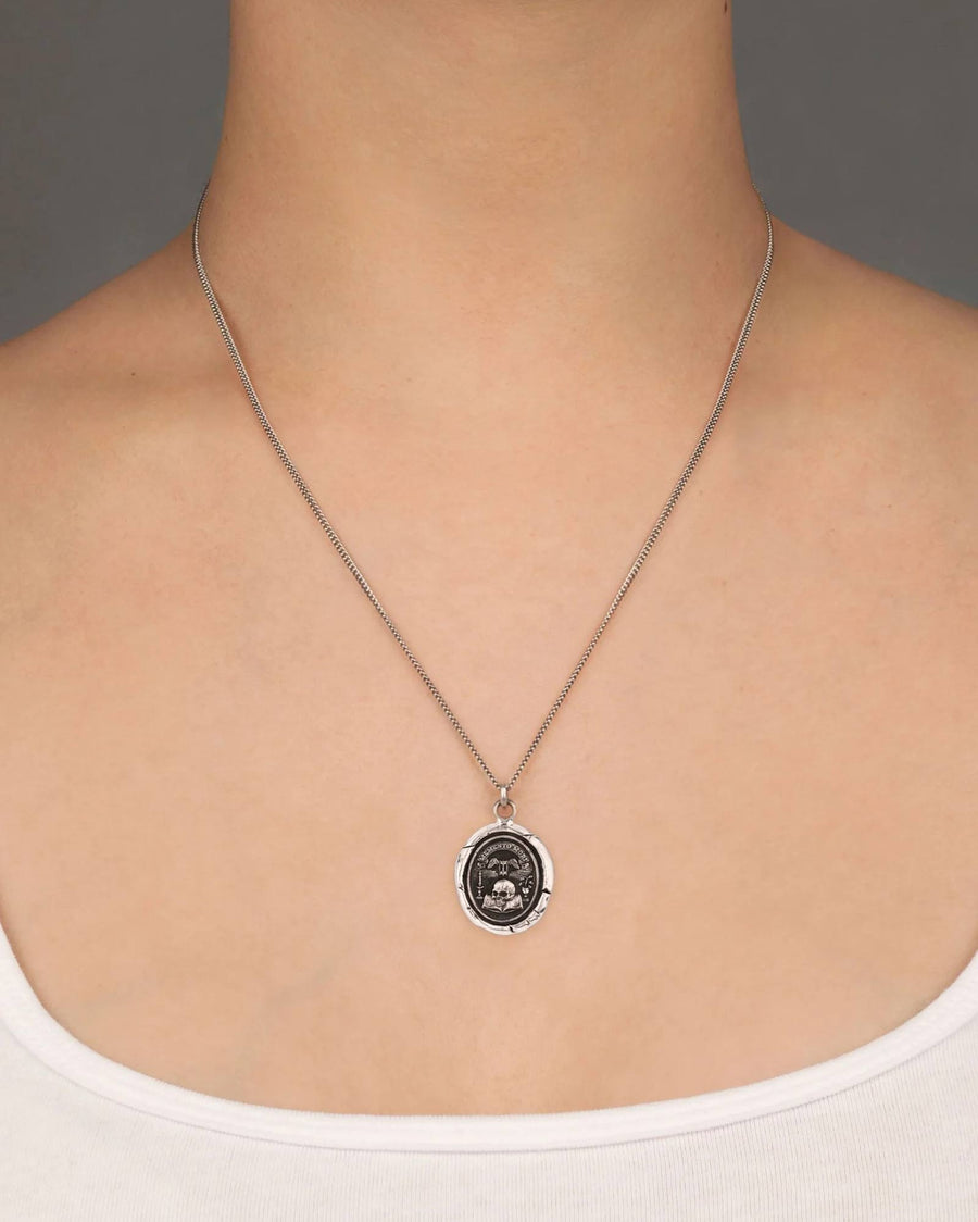 Pyrrha-Memento Mori Talisman-Necklaces-Oxidized Sterling Silver-Blue Ruby Jewellery-Vancouver Canada
