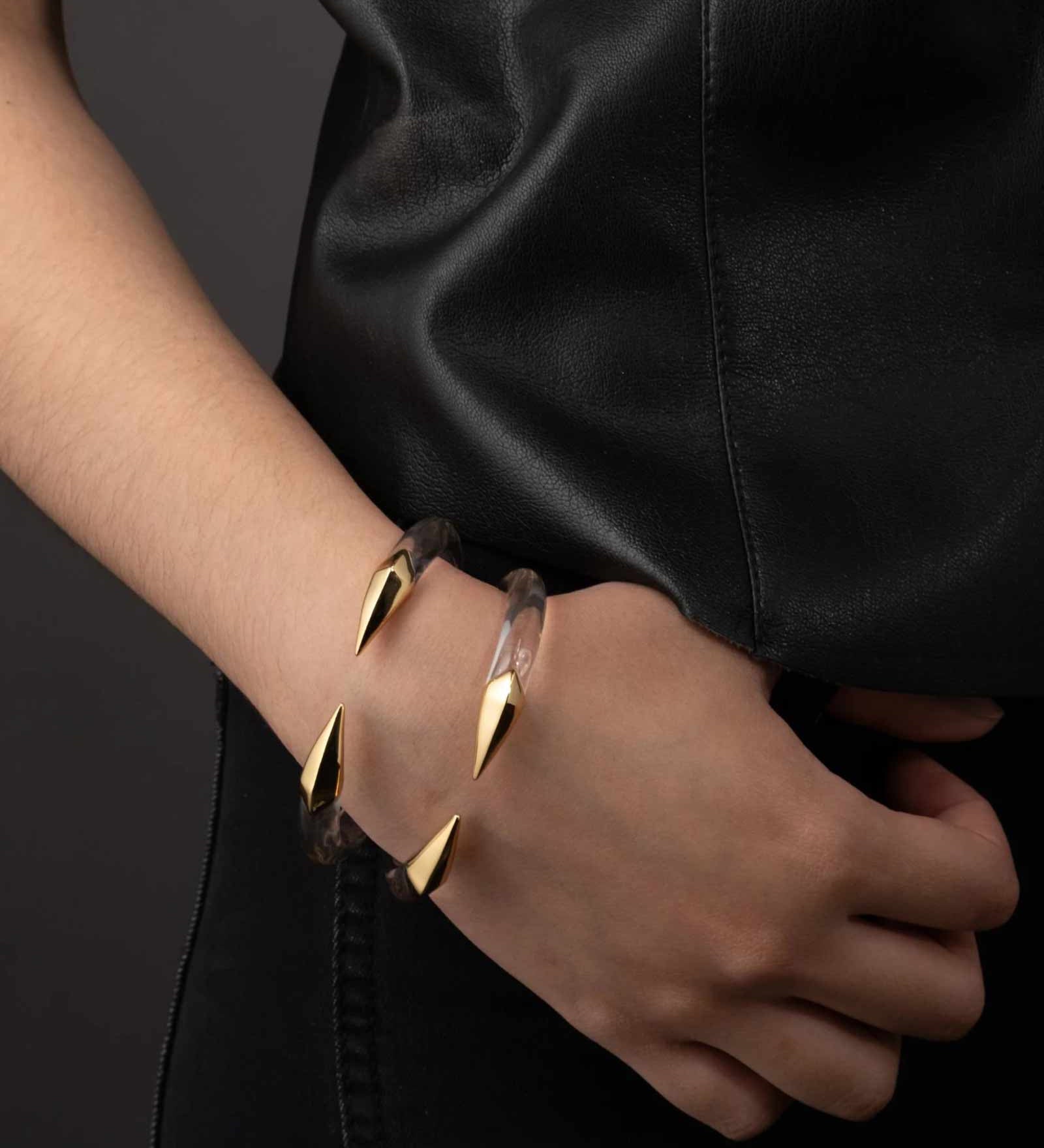 Alexis Bittar-Mirrored Pyramid Lucite Blake Hinge Bracelet-Bracelets-14k Gold Plated, Clear Lucite-Blue Ruby Jewellery-Vancouver Canada