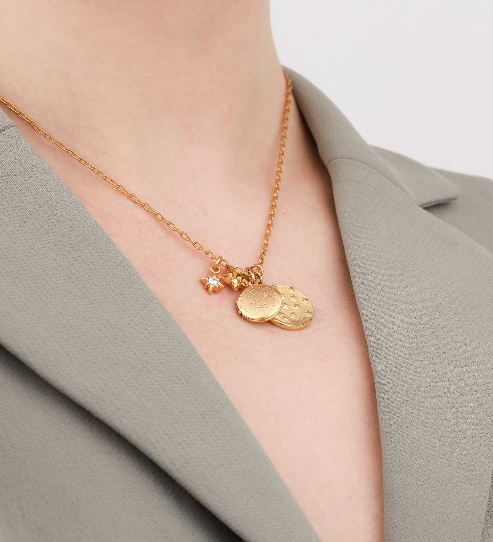 La Vie Parisienne-Moon & Star Charm Necklace-Necklaces-14k Gold Plated, White Crystal-Blue Ruby Jewellery-Vancouver Canada