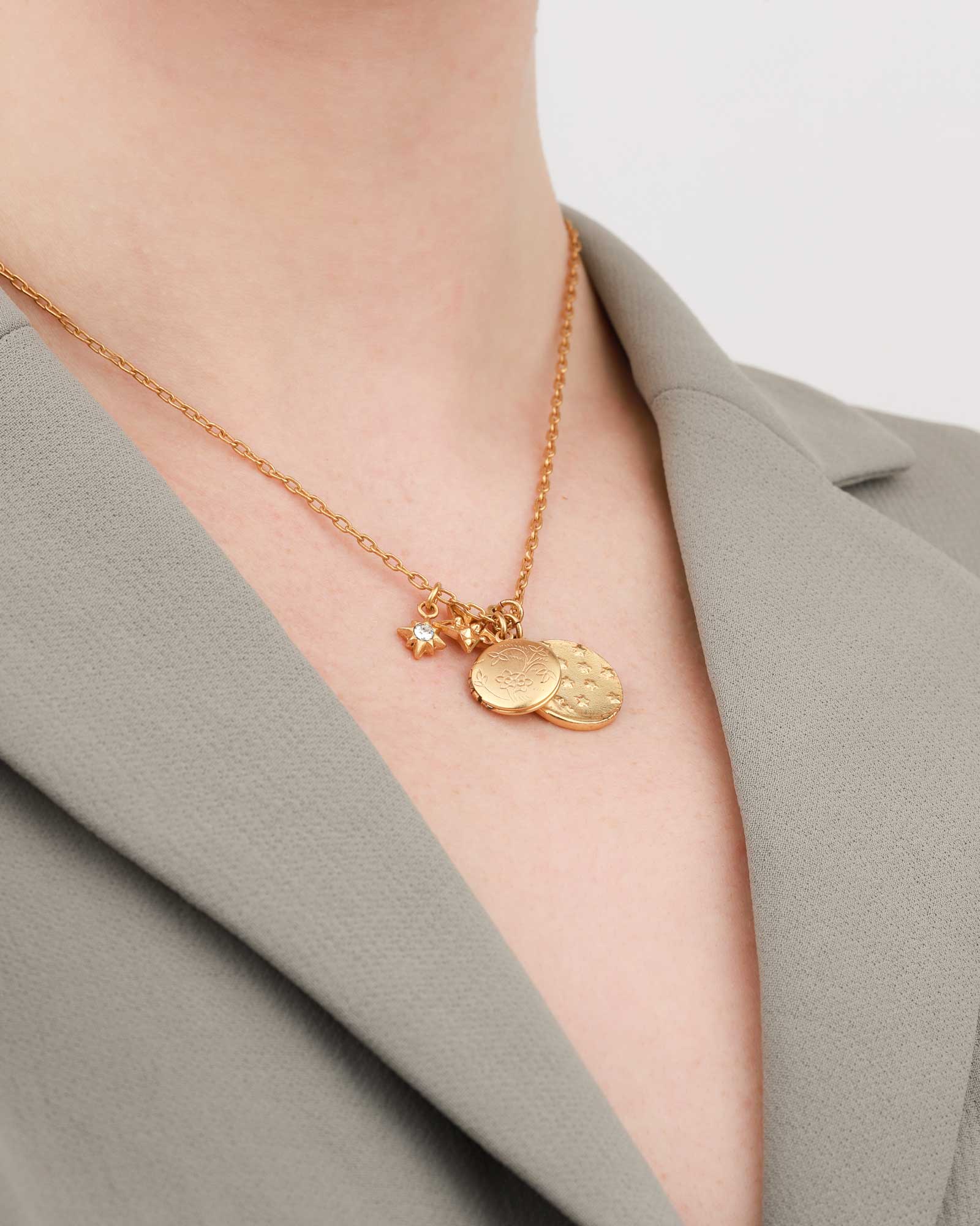 La Vie Parisienne-Moon & Star Charm Necklace-Necklaces-14k Gold Plated, White Crystal-Blue Ruby Jewellery-Vancouver Canada