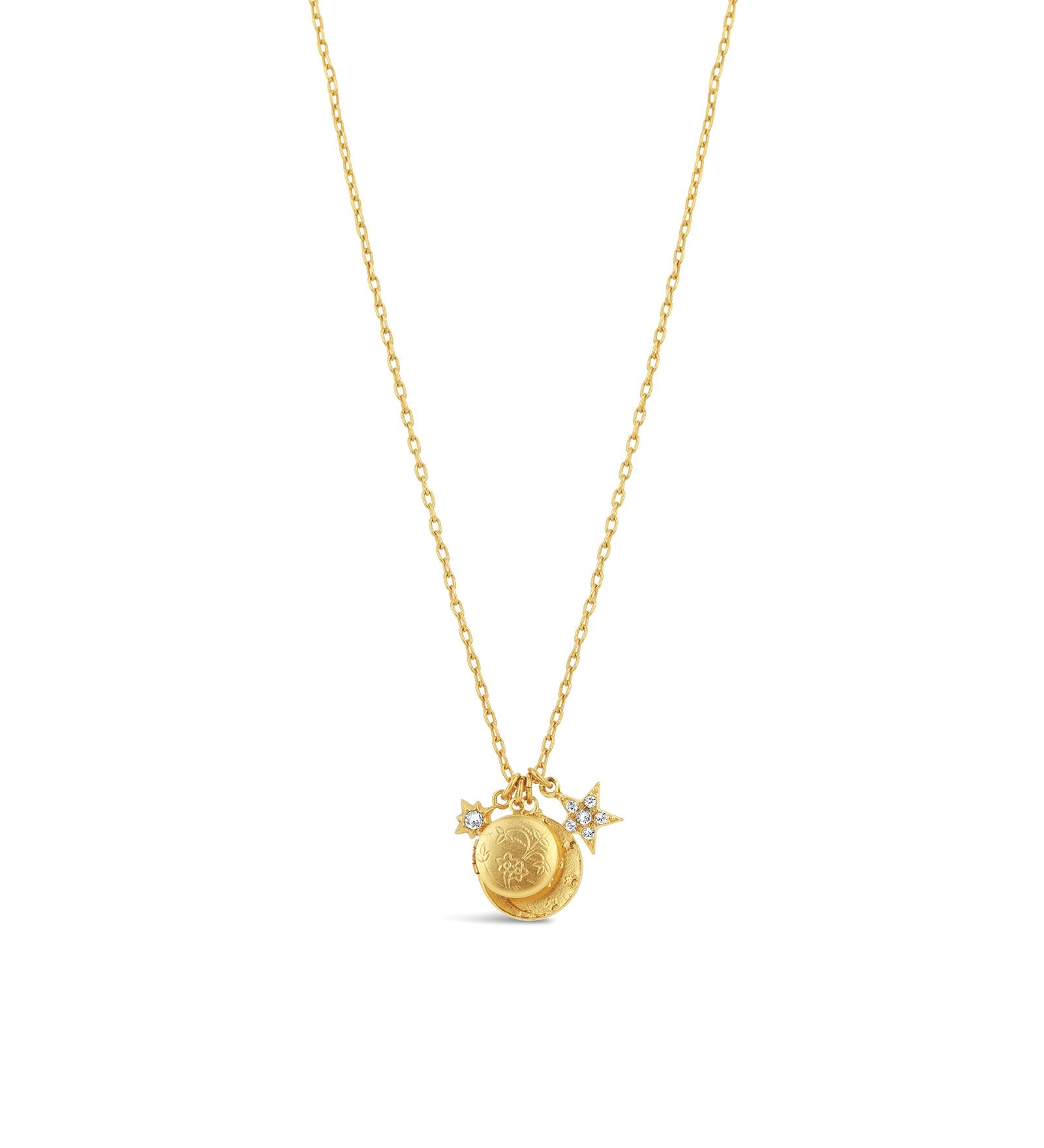 La Vie Parisienne-Moon & Star Charm Necklace-Necklaces-14k Gold Plated, White Crystal-Blue Ruby Jewellery-Vancouver Canada