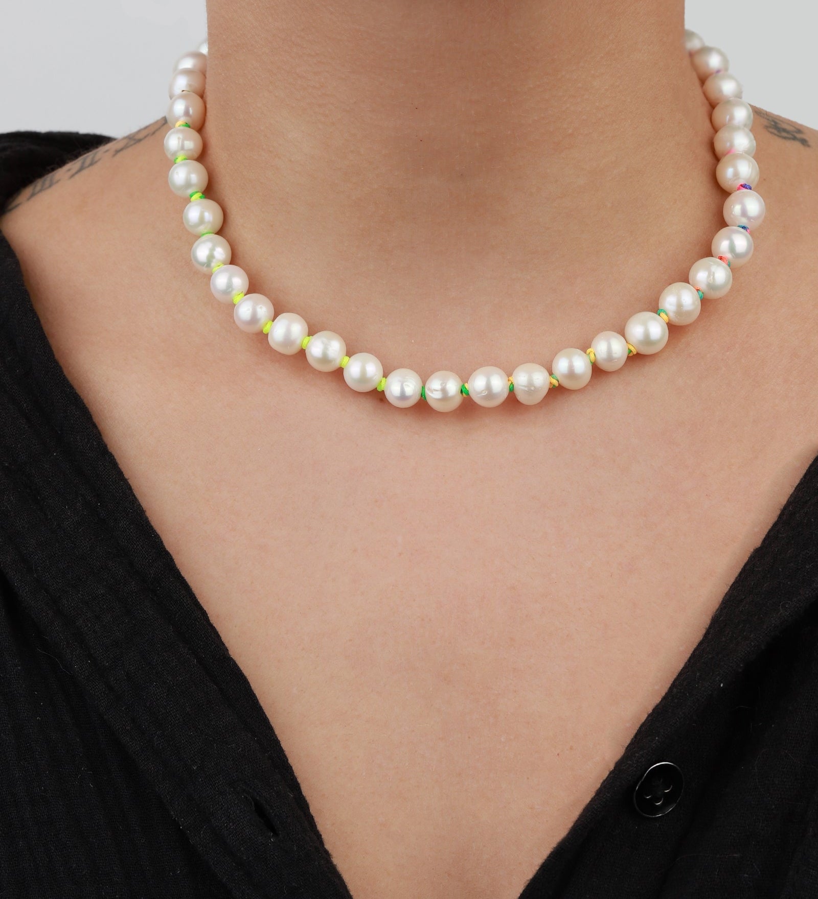 Martha Calvo-Neon Knotted Necklace-Necklaces-14k Gold Plated, Freshwater Pearls-Blue Ruby Jewellery-Vancouver Canada