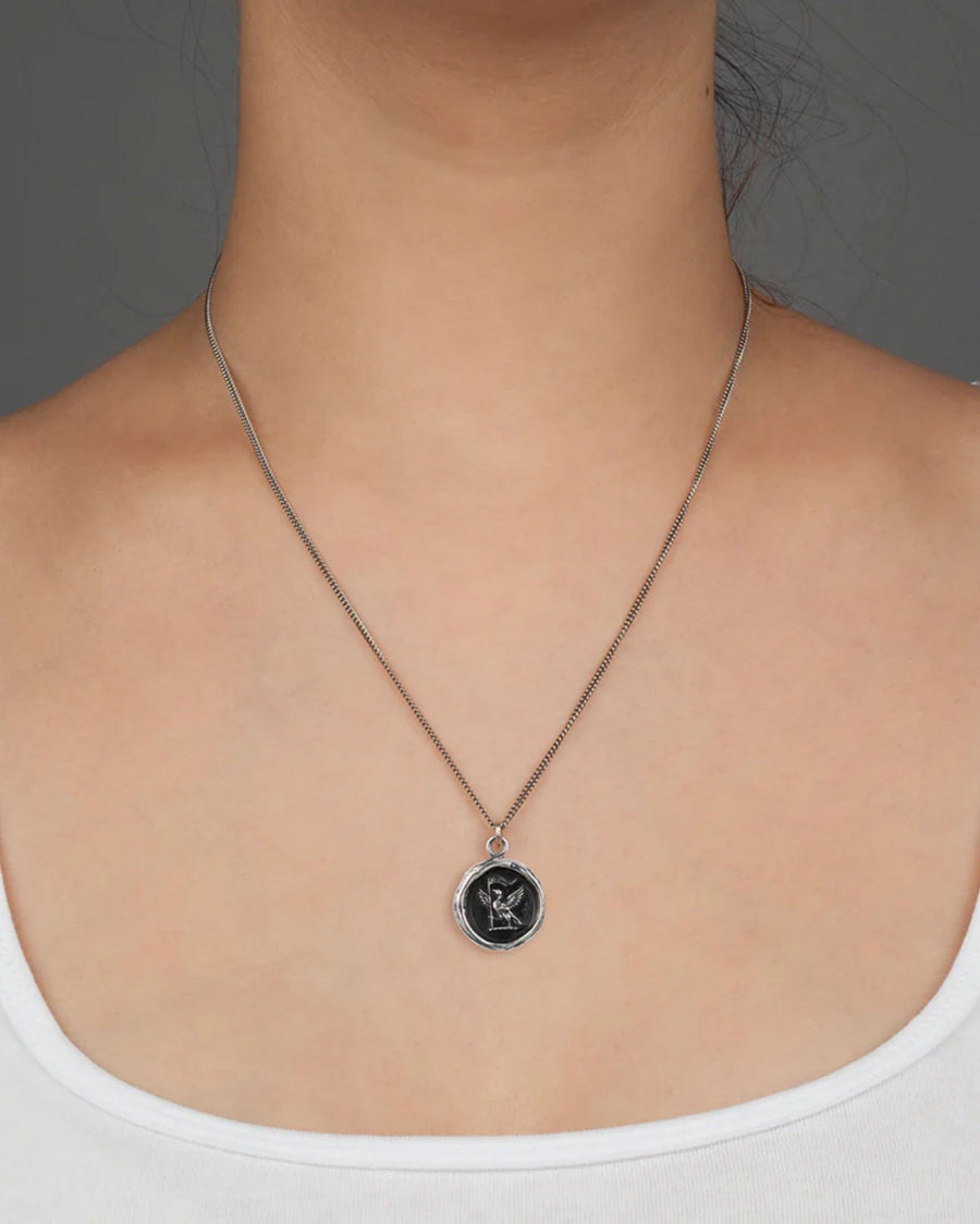 Pyrrha-Never Settle Talisman-Necklaces-Oxidized Sterling Silver-Blue Ruby Jewellery-Vancouver Canada
