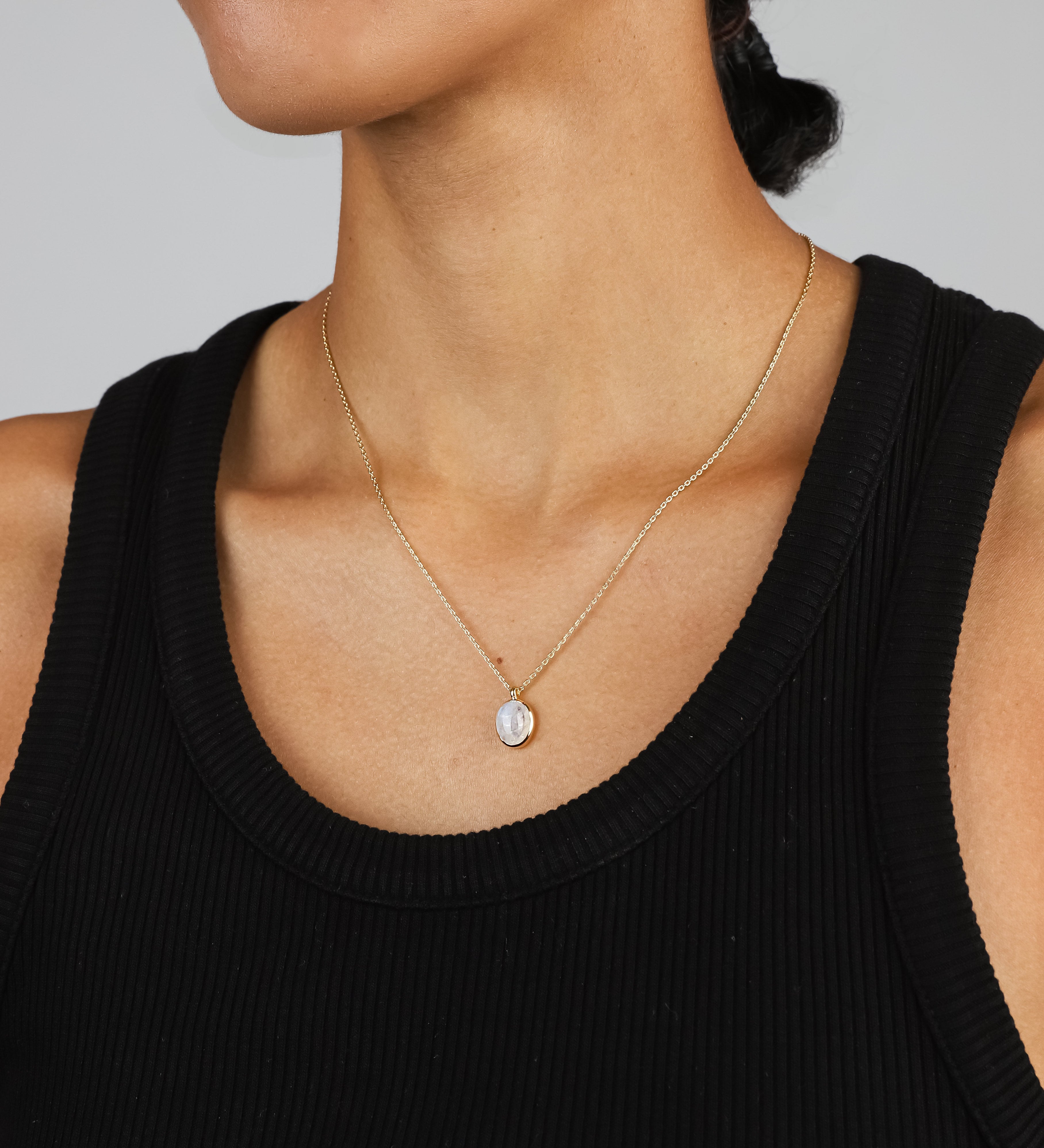 Tashi-Oval Bezel Stone Necklace-Necklaces-14k Gold Vermeil, Rainbow Moonstone-Blue Ruby Jewellery-Vancouver Canada