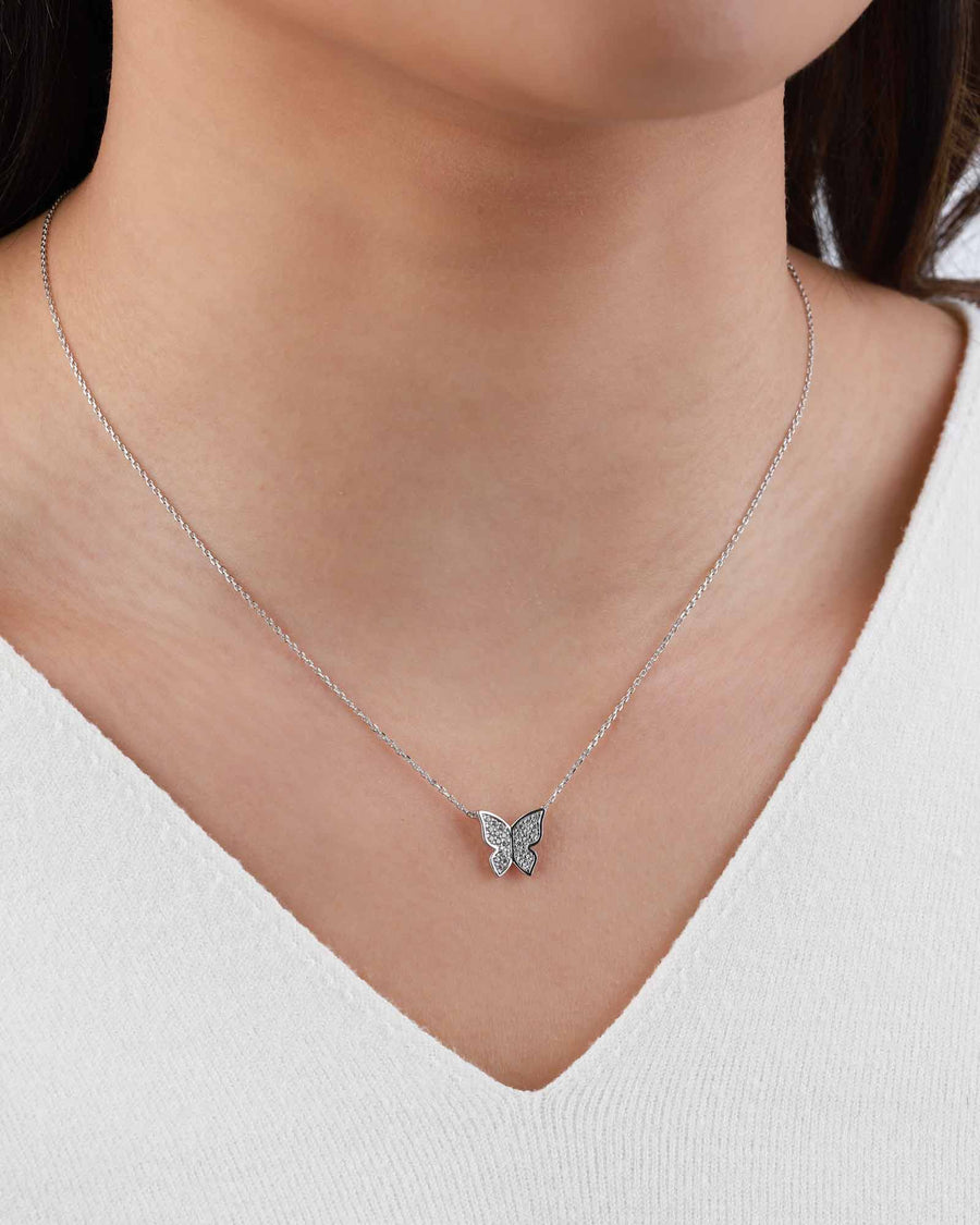 Quiet Icon-Pavé CZ Butterfly Necklace-Necklaces-Rhodium Plated Sterling Silver, Cubic Zirconia-Blue Ruby Jewellery-Vancouver Canada