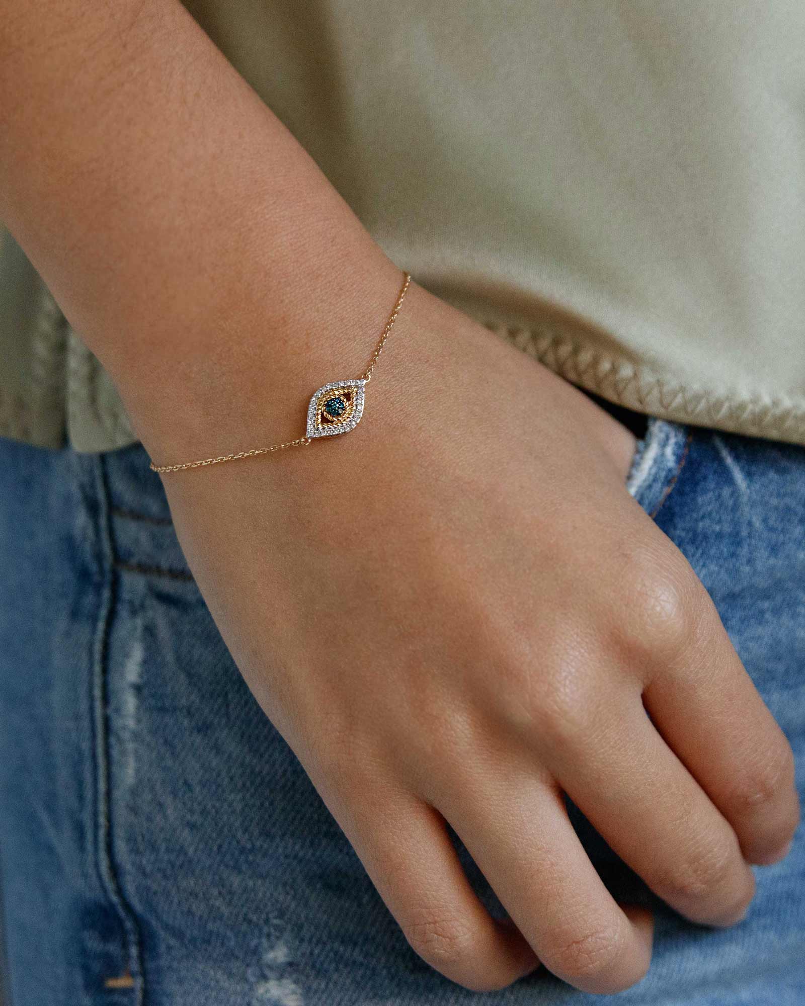 Adina Reyter-Pavé Evil Eye Bracelet-Bracelets-14k Yellow Gold, White and Blue Diamond-Blue Ruby Jewellery-Vancouver Canada