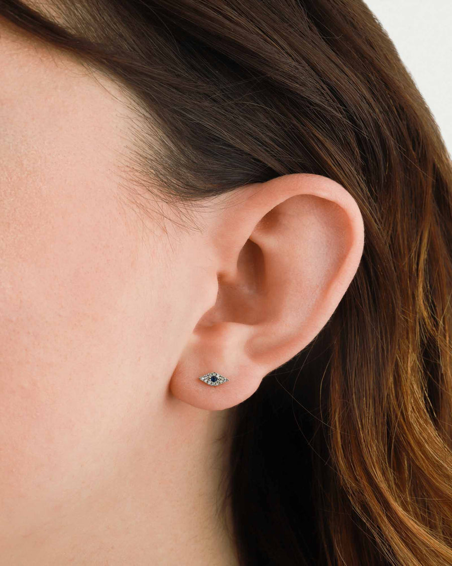 Quiet Icon-Pavé Evil Eye Stud-Earrings-Rhodium Plated Sterling Silver, White Cubic Zirconia, Blue Cubic Zirconia-Blue Ruby Jewellery-Vancouver Canada
