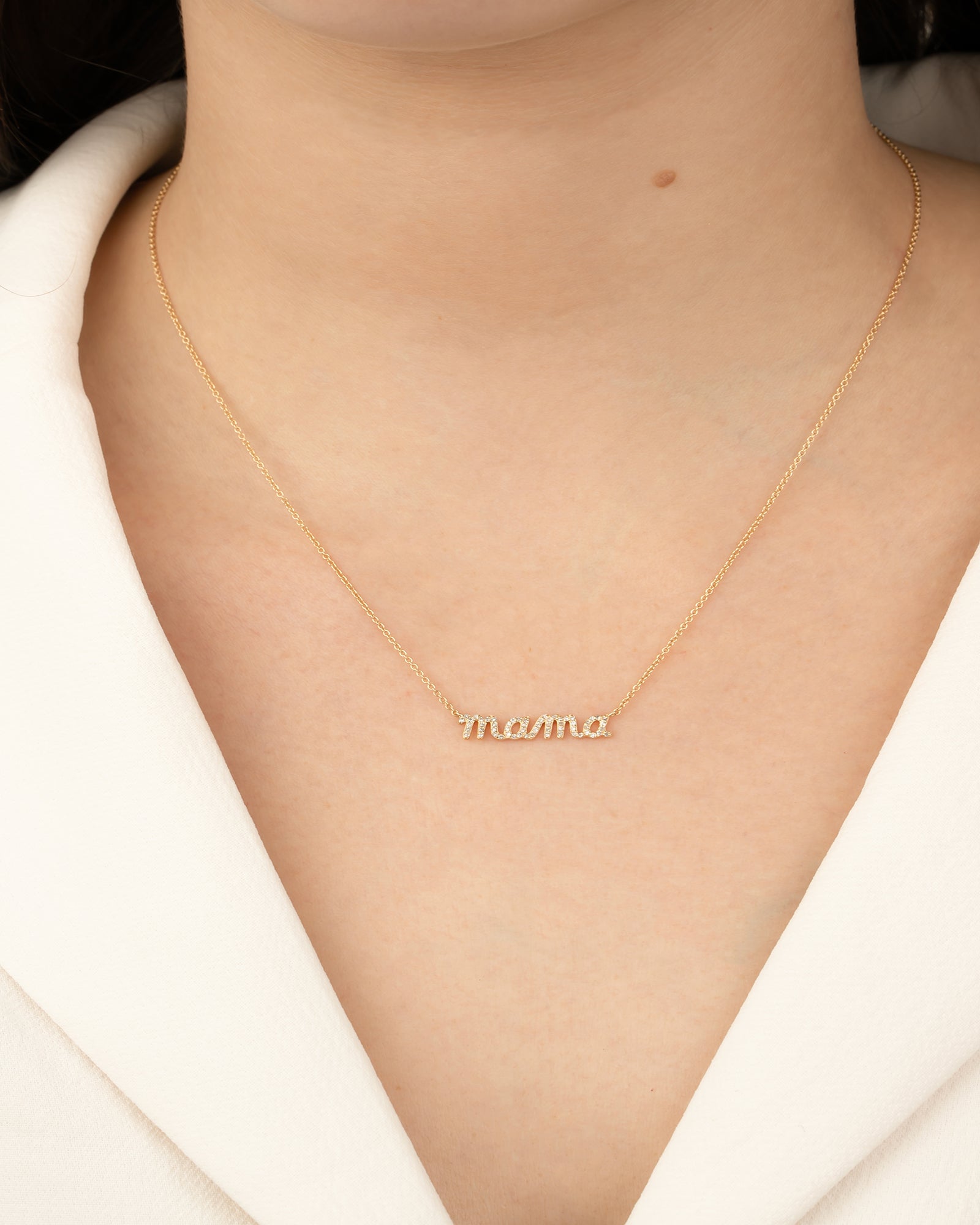 Pavé Mama Script Necklace 14k Yellow Gold, Diamonds